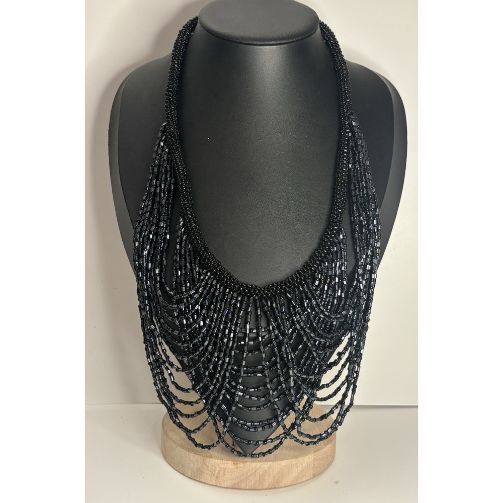 Statement Bib Necklace Black Seed Bead Draped Fringe Goth 20"
